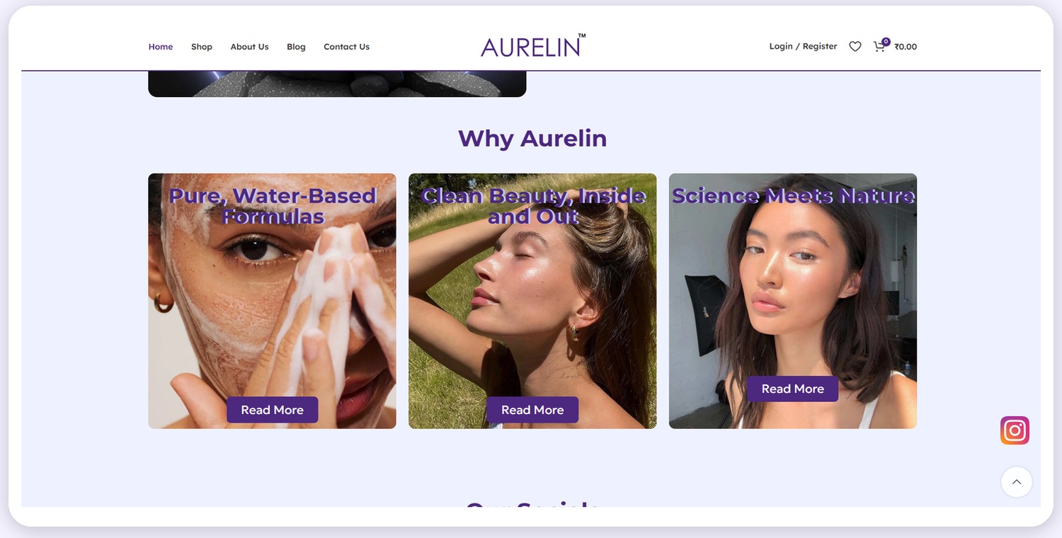 Aurelin — Why Aurelin differentiation cards: Pure Water-Based Formulas, Clean Beauty Inside and Out, Science Meets Nature