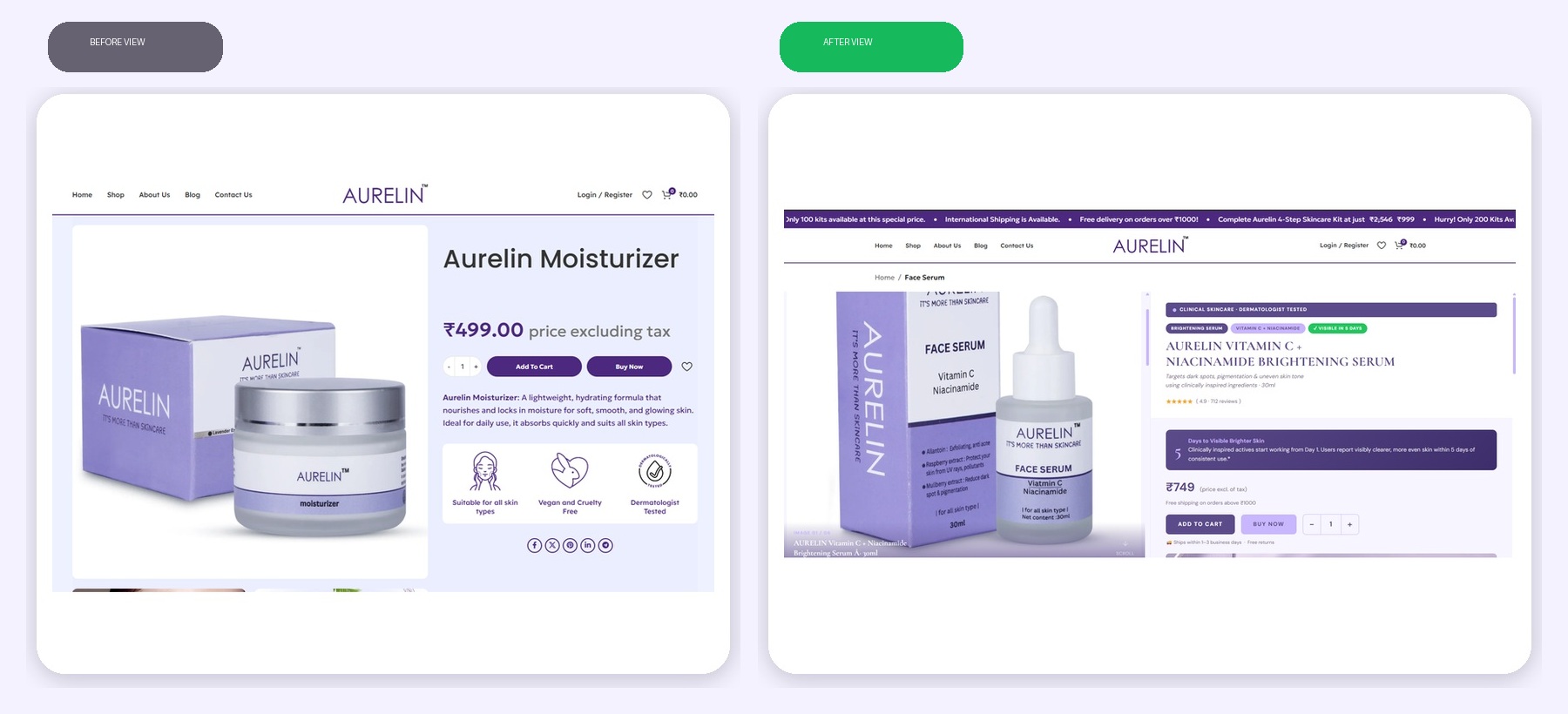Aurelin product page — before and after side-by-side comparison