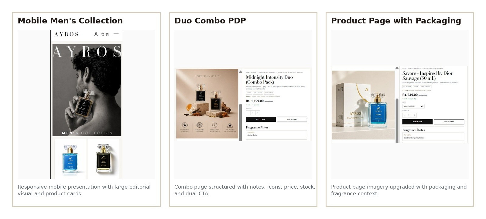 Ayros mobile Men's Collection, Duo Combo product page, and packaging-led product page