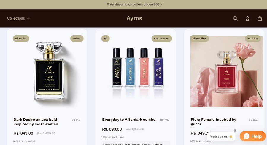 Ayros product listing before redesign