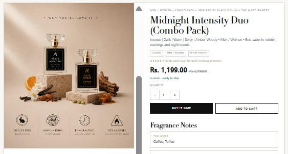 Ayros Midnight Intensity Duo combo product page after redesign — scent notes, price, stock and dual CTA