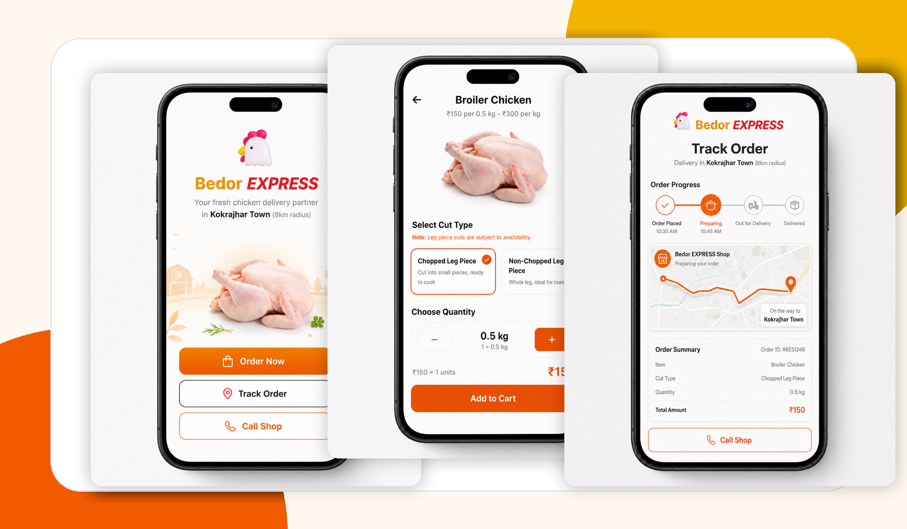 Bedor Express app — home screen, product configuration and live order tracking