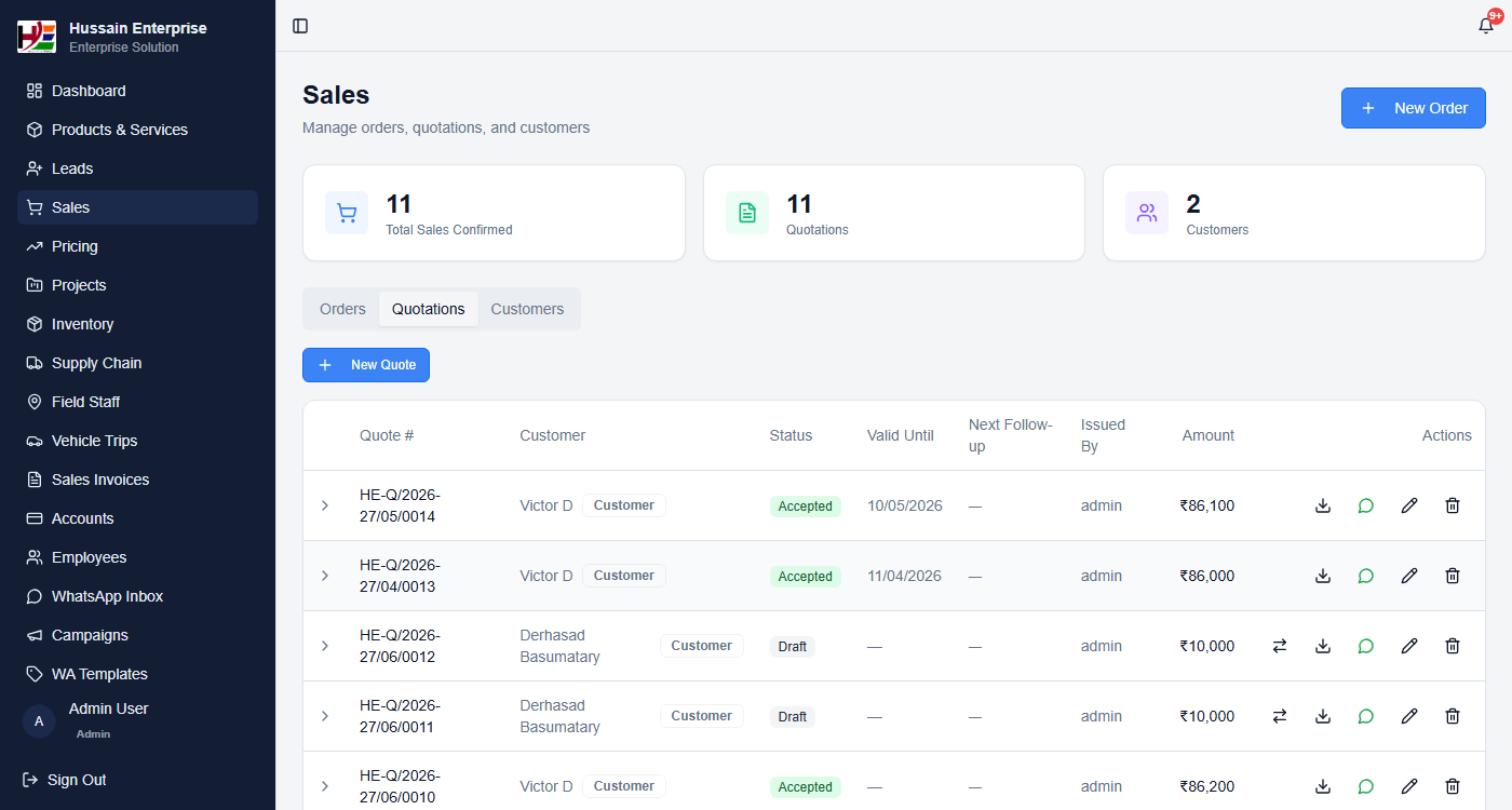 Quotation Management — status tracking, follow-up dates, FY-aware reference numbers