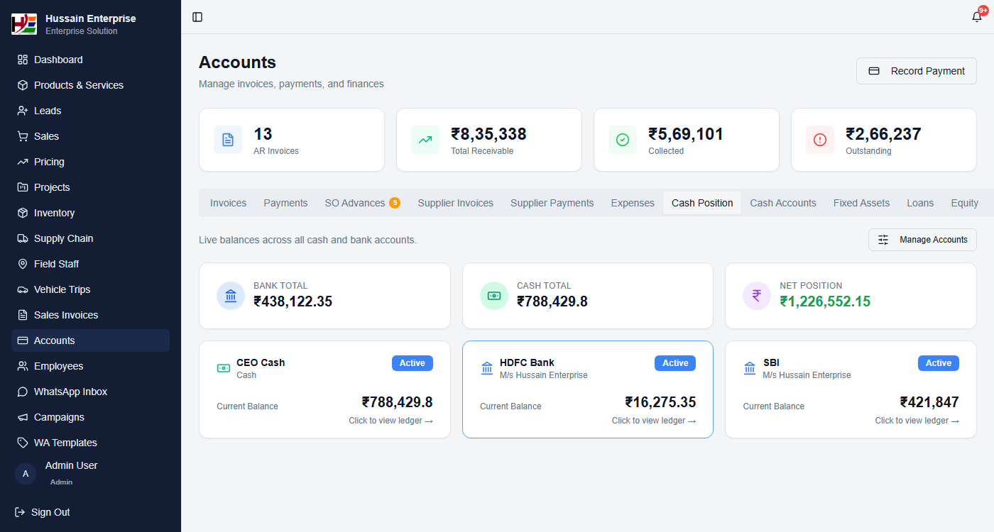 Cash Position — live balances across cash and bank accounts