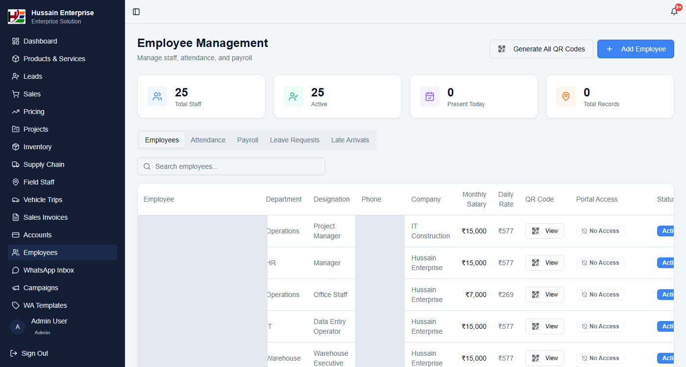 Employee Management — 25 active staff, department, designation, QR code (names and contact details redacted for confidentiality)