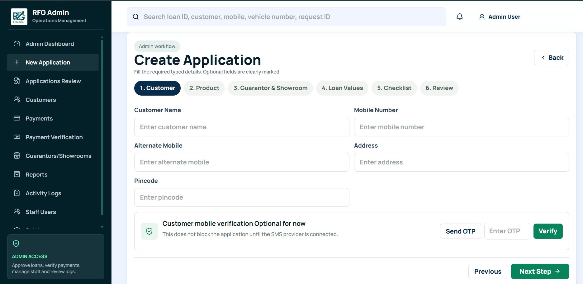 Admin Operations Console — six-step Create Application wizard