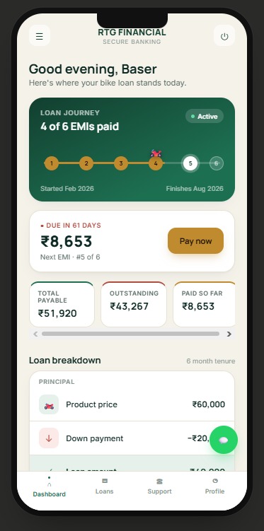 Customer Loan App — personalised dashboard with loan journey tracker and Pay now button