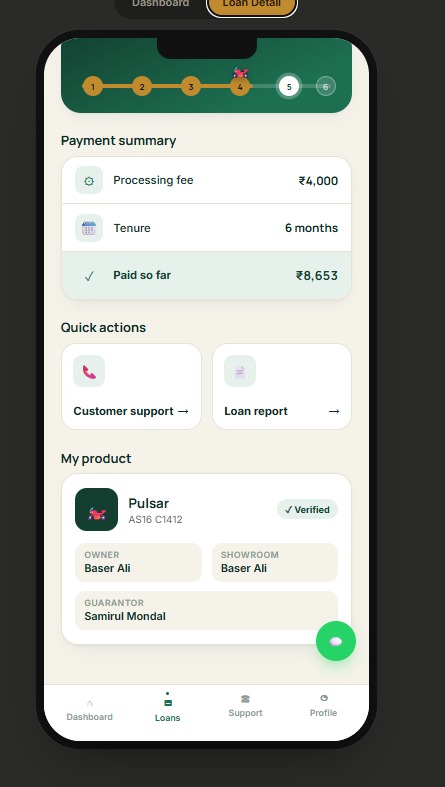 Customer Loan App — payment summary with quick actions for support and loan report